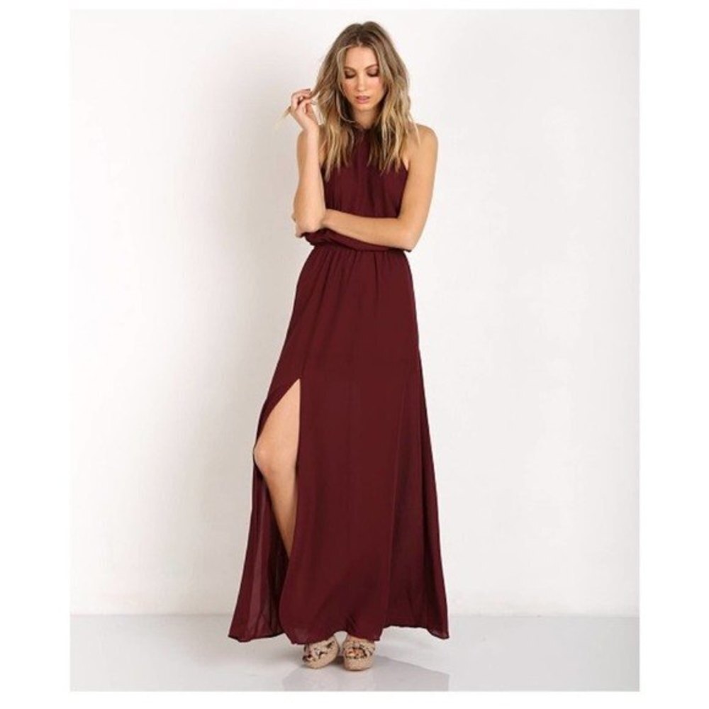 SHOW ME YOUR MUMU | NWOT HEATHER HALTER MERLOT CRISP Maxi Dress Size Small